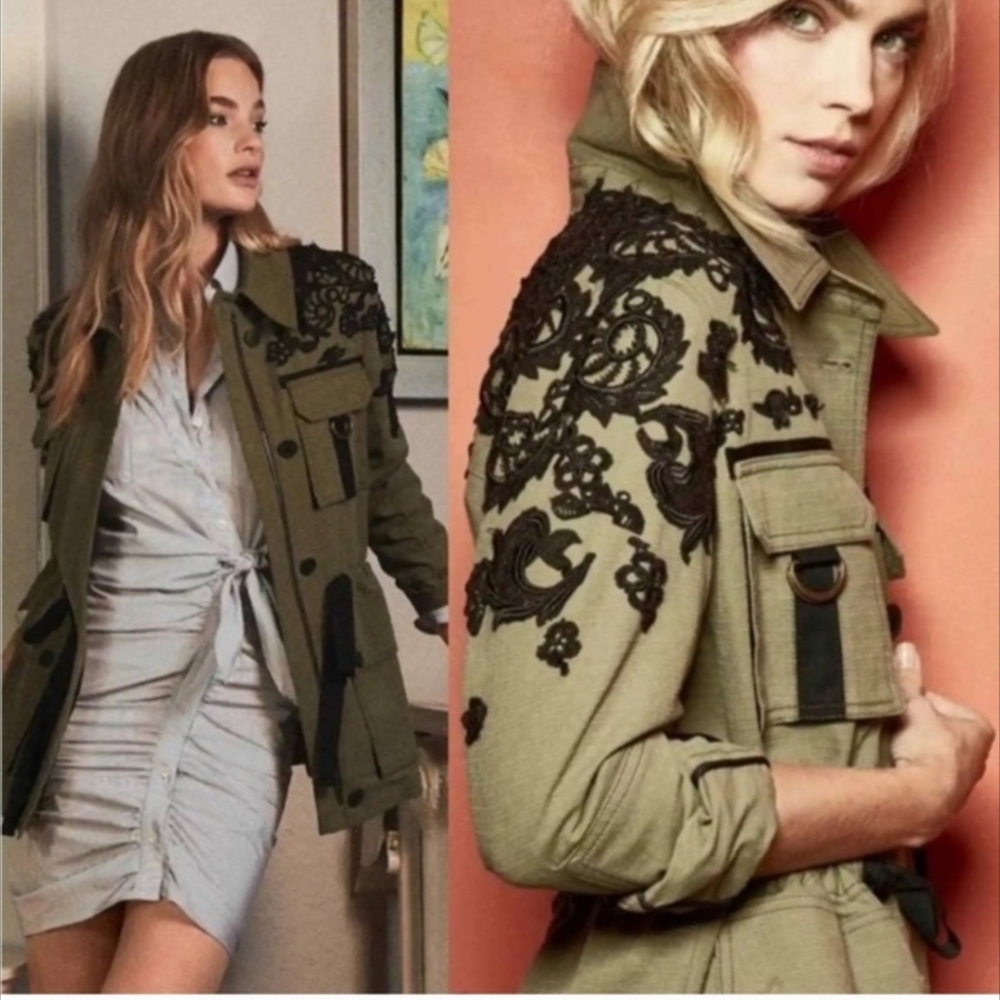 Veronica Beard Black Embroidered Lace Heritage Utility Army Jacket XS